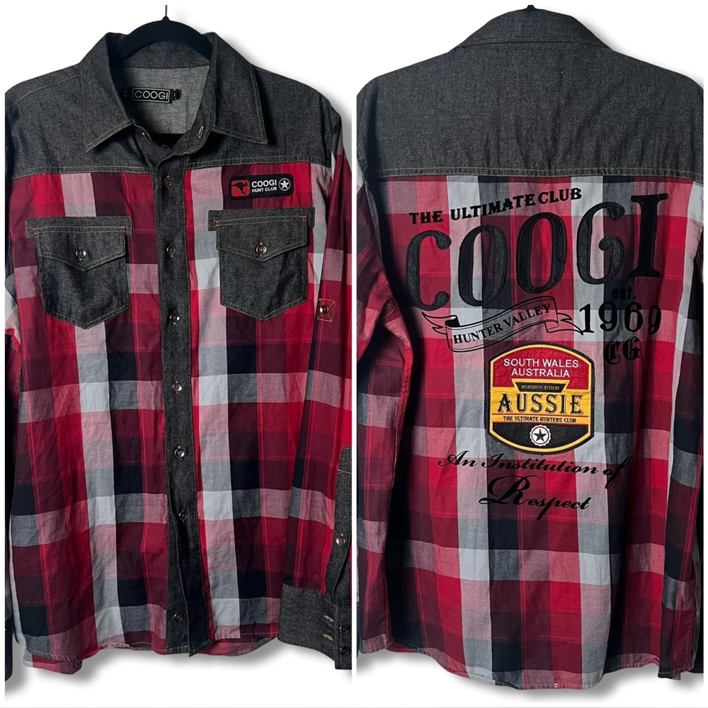 Coogi Hunt Club Red Plaid Denim Colorblock Button Down Shirt Mens Sz L